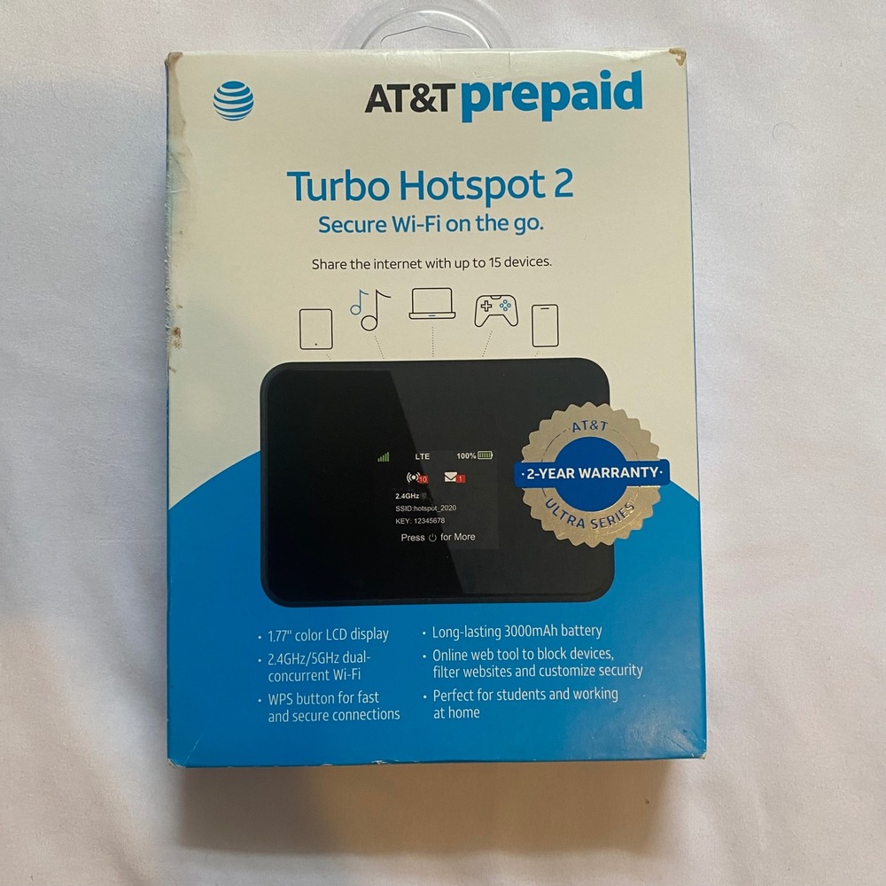 AT&T Turbo Hotspot 2 Prepaid Secure WiFi 15 Devices 2.4/5GHz Dual-Band